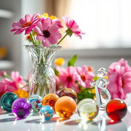 A stunningly detailed still life featuring a beautiful arrangement of various glass objects including a crystal vase, colorful glass marbles, and a delicate glass figurine