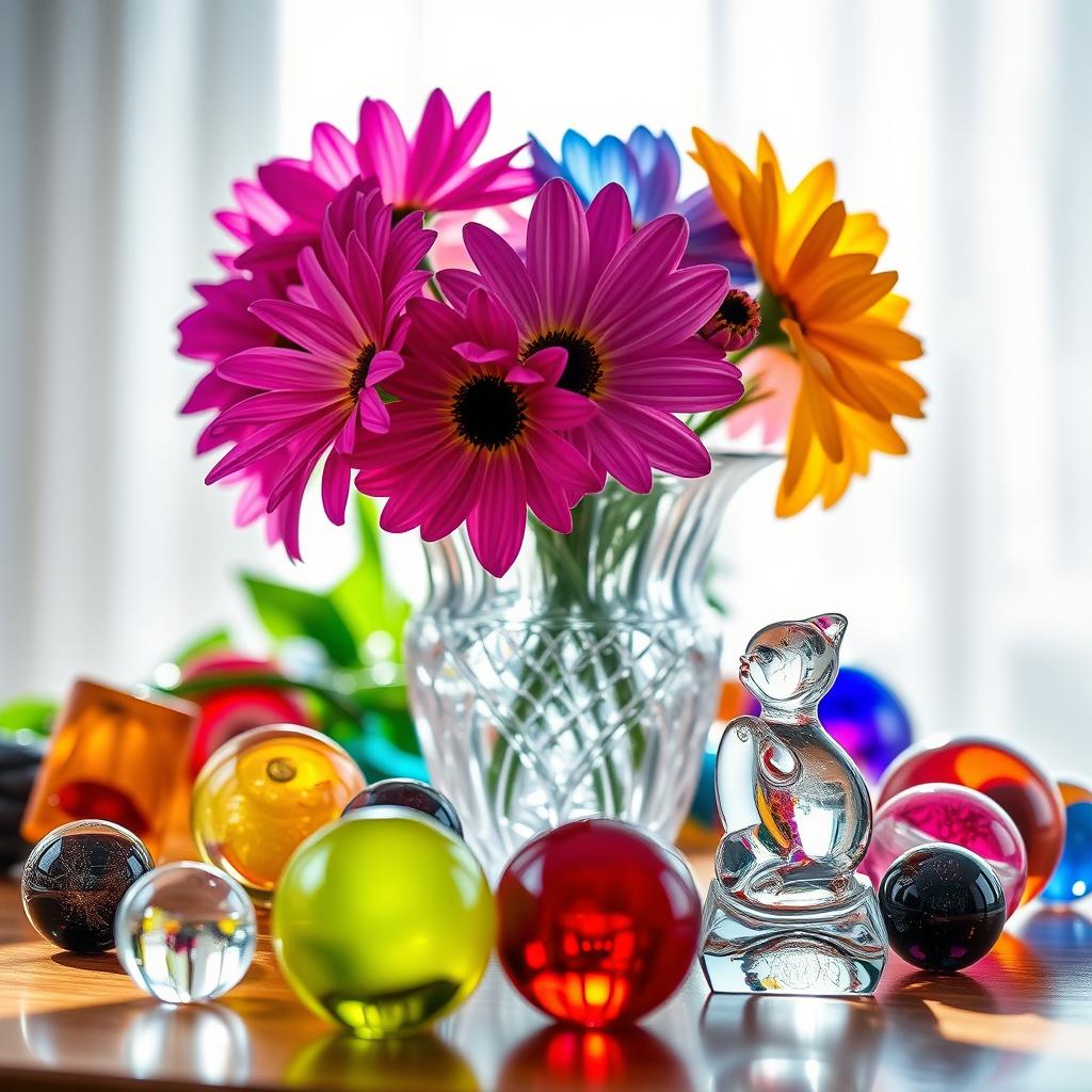 A stunningly detailed still life featuring a beautiful arrangement of various glass objects including a crystal vase, colorful glass marbles, and a delicate glass figurine