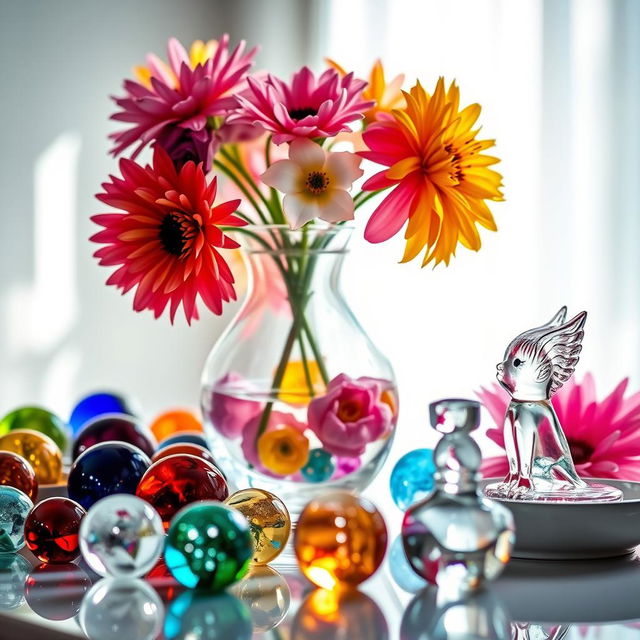 A stunningly detailed still life featuring a beautiful arrangement of various glass objects including a crystal vase, colorful glass marbles, and a delicate glass figurine