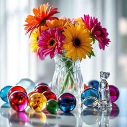 A stunningly detailed still life featuring a beautiful arrangement of various glass objects including a crystal vase, colorful glass marbles, and a delicate glass figurine