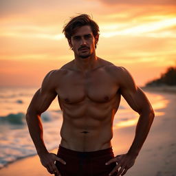 A nude tanned man standing confidently on a beach at sunset, with the golden light reflecting off his muscular body