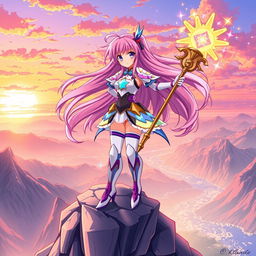 A vibrant anime-style illustration of a magical girl character standing heroically atop a cliff, with flowing pink hair, adorned in a sparkling, colorful outfit that blends elements of traditional magical girl design with futuristic armor
