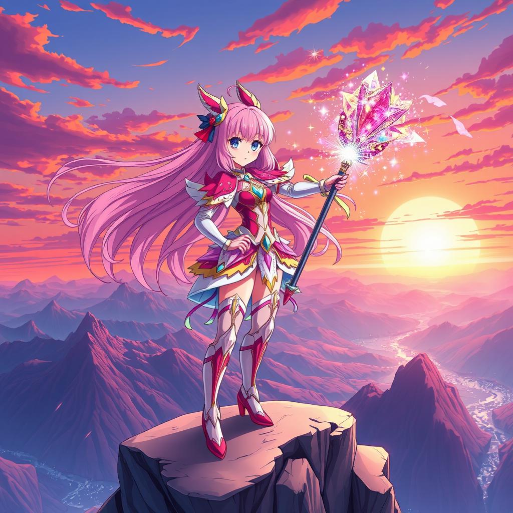 A vibrant anime-style illustration of a magical girl character standing heroically atop a cliff, with flowing pink hair, adorned in a sparkling, colorful outfit that blends elements of traditional magical girl design with futuristic armor