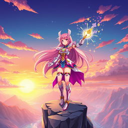 A vibrant anime-style illustration of a magical girl character standing heroically atop a cliff, with flowing pink hair, adorned in a sparkling, colorful outfit that blends elements of traditional magical girl design with futuristic armor