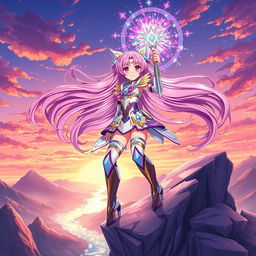 A vibrant anime-style illustration of a magical girl character standing heroically atop a cliff, with flowing pink hair, adorned in a sparkling, colorful outfit that blends elements of traditional magical girl design with futuristic armor