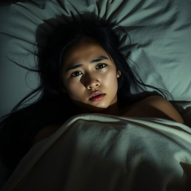 A young, beautiful woman from East Java, sleeping peacefully on her bed yet displaying an expression of unease