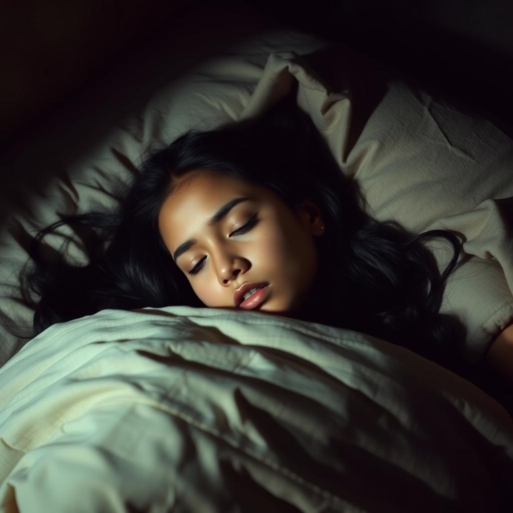 A young, beautiful woman from East Java, sleeping peacefully on her bed yet displaying an expression of unease