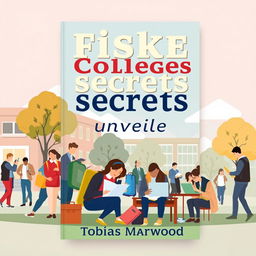 Create a flat book cover design featuring a realistic college campus background