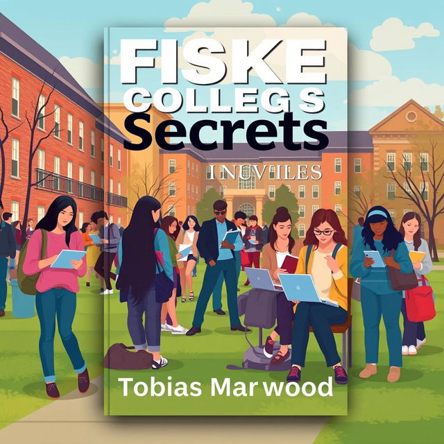 Create a flat book cover design featuring a realistic college campus background