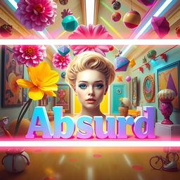A vibrant and surreal portrait featuring the word 'Absurd' prominently written