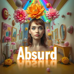 A vibrant and surreal portrait featuring the word 'Absurd' prominently written