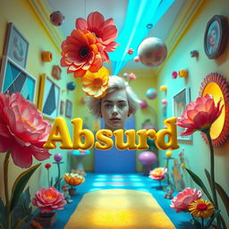 A vibrant and surreal portrait featuring the word 'Absurd' prominently written