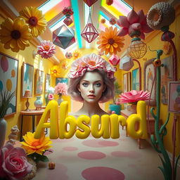 A vibrant and surreal portrait featuring the word 'Absurd' prominently written