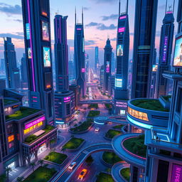 Create a highly detailed 3D model of a futuristic cityscape at dusk