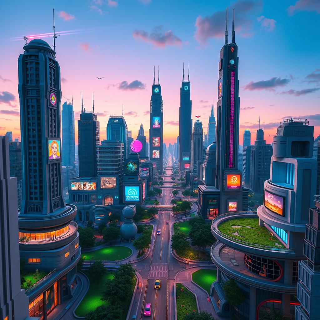 Create a highly detailed 3D model of a futuristic cityscape at dusk