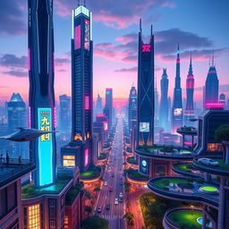 Create a highly detailed 3D model of a futuristic cityscape at dusk