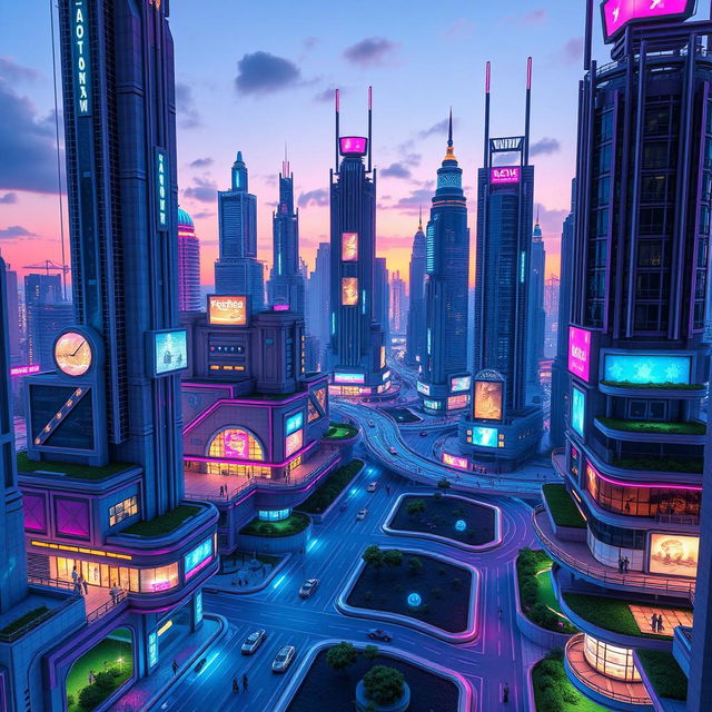 Create a highly detailed 3D model of a futuristic cityscape at dusk