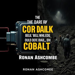 A dramatic split image featuring a shiny, high-tech device on one side, symbolizing advanced technology, and a mining scene on the other side, depicting workers in rough conditions, showcasing the harsh realities of cobalt mining