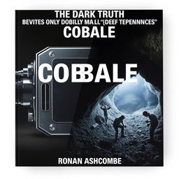 A dramatic split image featuring a shiny, high-tech device on one side, symbolizing advanced technology, and a mining scene on the other side, depicting workers in rough conditions, showcasing the harsh realities of cobalt mining