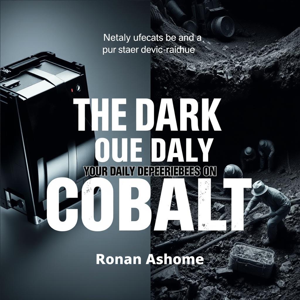 A dramatic split image featuring a shiny, high-tech device on one side, symbolizing advanced technology, and a mining scene on the other side, depicting workers in rough conditions, showcasing the harsh realities of cobalt mining