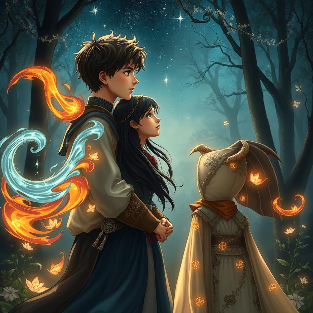A romantic scene set in a medieval fantasy world, featuring a young boy with an aura of elemental mastery, embodying the power of earth, fire, water, and air