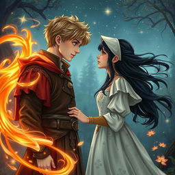 A romantic scene set in a medieval fantasy world, featuring a young boy with an aura of elemental mastery, embodying the power of earth, fire, water, and air