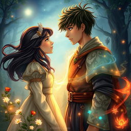 A romantic scene set in a medieval fantasy world, featuring a young boy with an aura of elemental mastery, embodying the power of earth, fire, water, and air