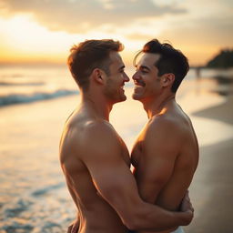A romantic scene depicting two men expressing their love for each other, both naked, in an intimate and affectionate manner