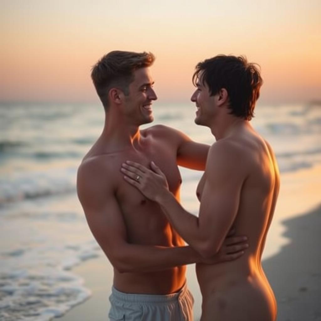 A romantic scene depicting two men expressing their love for each other, both naked, in an intimate and affectionate manner