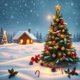 A festive Christmas background featuring a snowy landscape with gently falling snowflakes, a beautifully decorated evergreen tree adorned with colorful ornaments, glistening lights, and a golden star on top