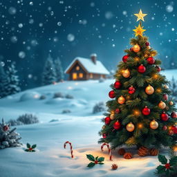 A festive Christmas background featuring a snowy landscape with gently falling snowflakes, a beautifully decorated evergreen tree adorned with colorful ornaments, glistening lights, and a golden star on top