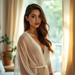 A young woman in a beautifully decorated room, with soft natural light coming through a window, creating a warm, inviting atmosphere