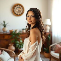 A young woman in a beautifully decorated room, with soft natural light coming through a window, creating a warm, inviting atmosphere