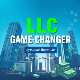 A flat book cover design featuring a realistic cityscape in the background with tall skyscrapers representing business success and growth