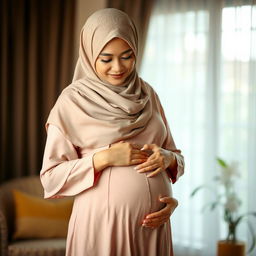 A young Malay woman wearing a beautiful hijab, gently cradling her pregnant belly while looking down thoughtfully