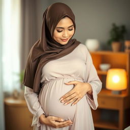 A young Malay woman wearing a beautiful hijab, gently cradling her pregnant belly while looking down thoughtfully