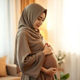 A young Malay woman wearing a beautiful hijab, gently cradling her pregnant belly while looking down thoughtfully