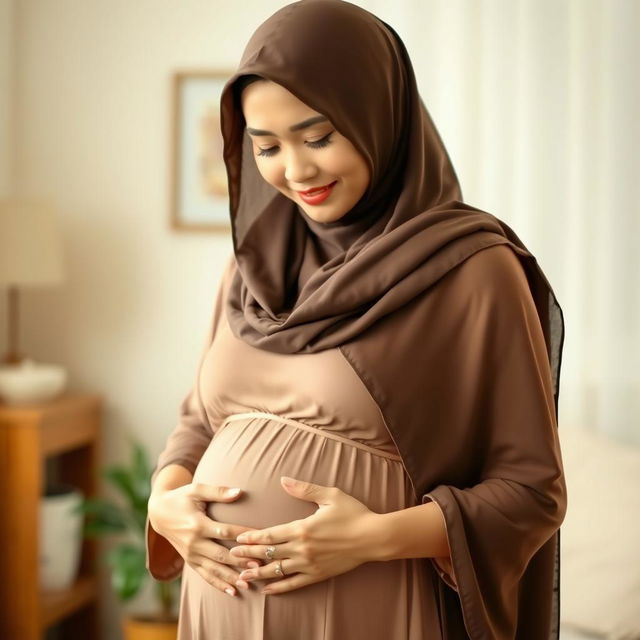 A young Malay woman wearing a beautiful hijab, gently cradling her pregnant belly while looking down thoughtfully