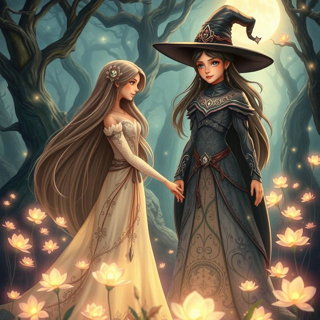 A beautiful fantasy scene depicting a young boy who is deeply in love with a stunning witch