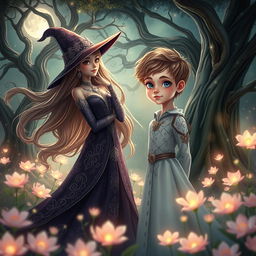 A beautiful fantasy scene depicting a young boy who is deeply in love with a stunning witch