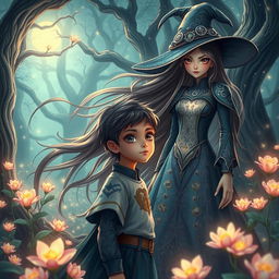 A beautiful fantasy scene depicting a young boy who is deeply in love with a stunning witch