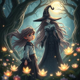 A beautiful fantasy scene depicting a young boy who is deeply in love with a stunning witch