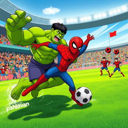 A dynamic football match scene featuring two teams: Team One is composed of Hulk and Spider-Man, while Team Two consists of characters from the animated series 'Pahlavan'
