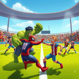 A dynamic football match scene featuring two teams: Team One is composed of Hulk and Spider-Man, while Team Two consists of characters from the animated series 'Pahlavan'