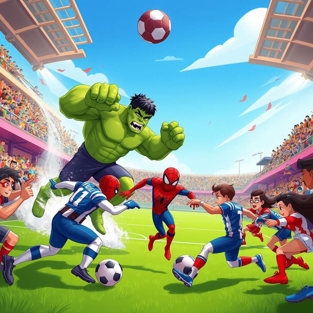 A dynamic football match scene featuring two teams: Team One is composed of Hulk and Spider-Man, while Team Two consists of characters from the animated series 'Pahlavan'