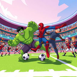 A dynamic football match scene featuring two teams: Team One is composed of Hulk and Spider-Man, while Team Two consists of characters from the animated series 'Pahlavan'