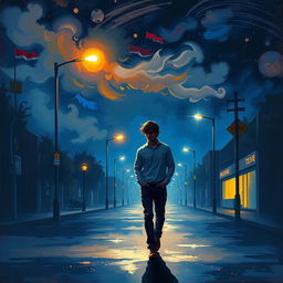 A solitary man walking in a dimly lit street at night, illuminated by the soft glow of street lamps