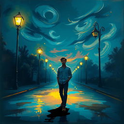 A solitary man walking in a dimly lit street at night, illuminated by the soft glow of street lamps