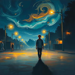 A solitary man walking in a dimly lit street at night, illuminated by the soft glow of street lamps