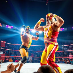 A high-energy wrestling match scene featuring Hulk Hogan and Rey Mysterio in an exhilarating wrestling ring